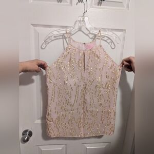 Lilly Pulitzer Pale Pink & Gold Crinkle Clip Dot Silk Jacquard Tank Top